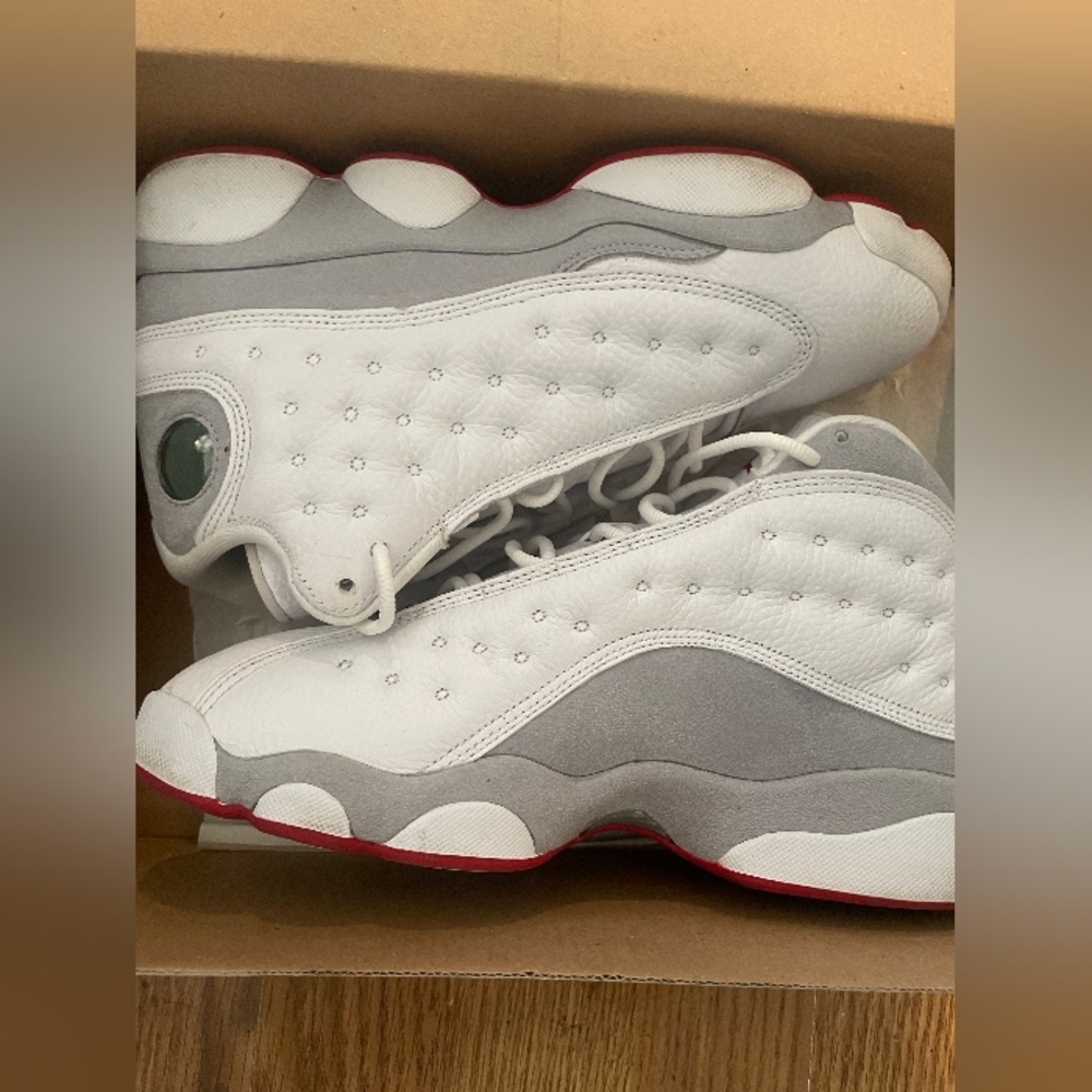 Jordan Kids White, Gray and Red Retro Basketball Sneakers